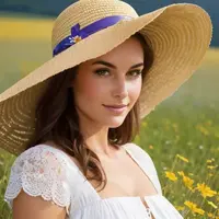 A woman in a field of flowers in a straw hat with a bouquet of wildflowers | Default_SDB_0.1 ...webp
